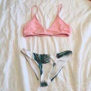 two piece bikini with leaf printed bottoms